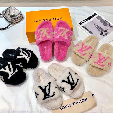 lv fluffy slippers|louis vuitton shearling slippers.